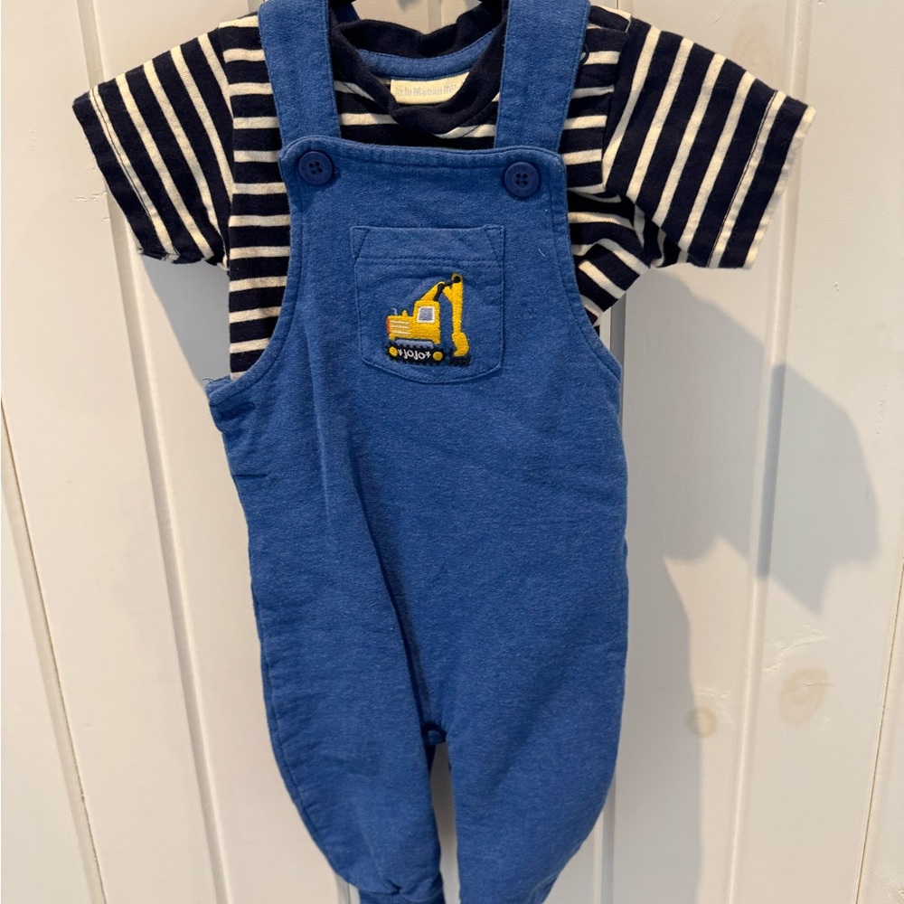 JoJo Maman Bébé Blue Tractor Appliqué Overalls & Striped Shirt Set 3-6 mo